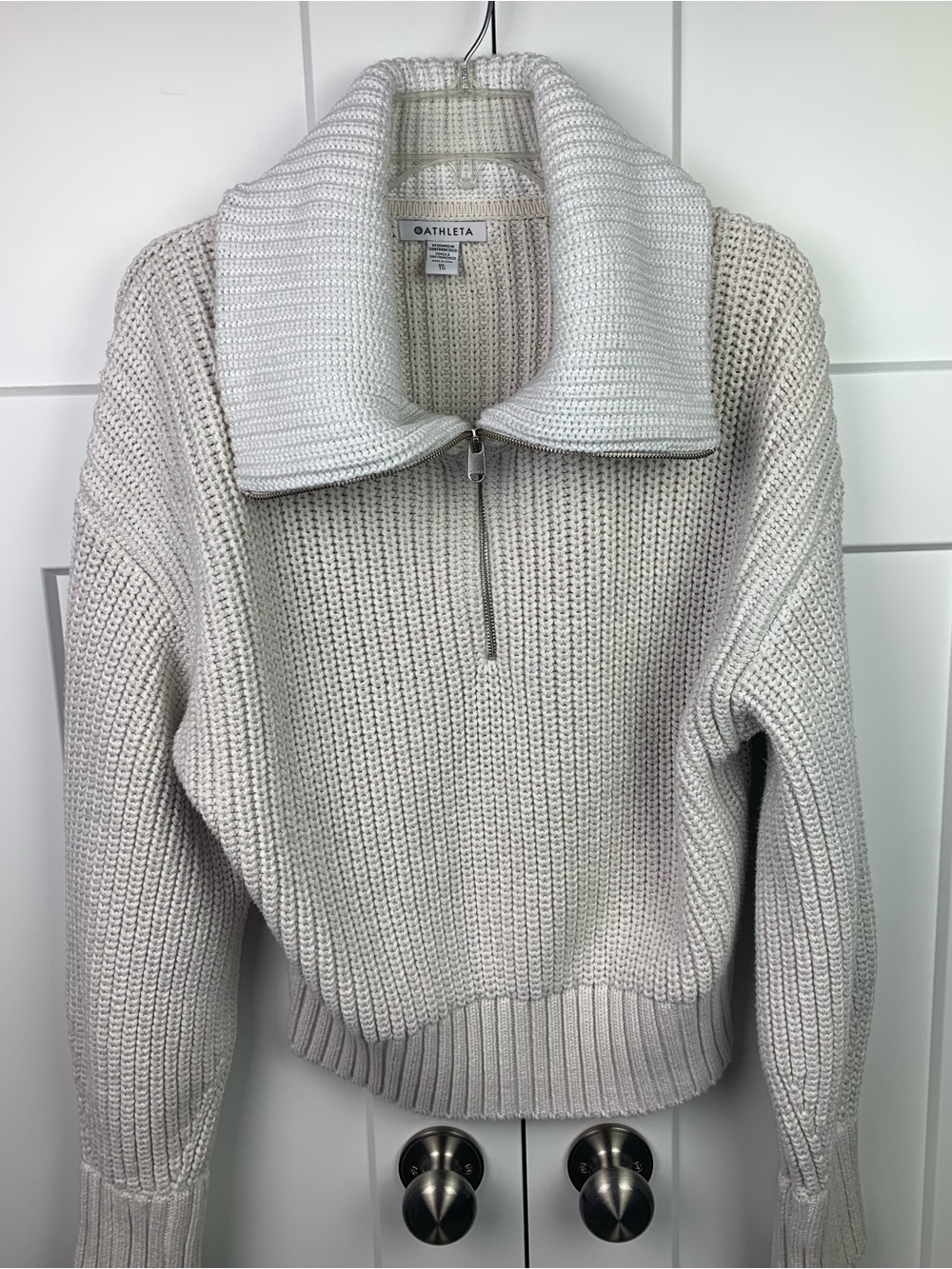 Athleta XL Chunky Cotton Knit Pullover Sweater Zip Mock Neck Shawl Ivory